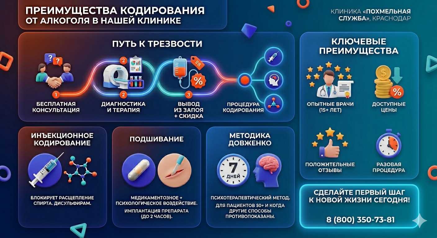 Инфографика о методах кодирования от алкоголя в Зверево: инъекции, подшивание, метод Довженко. Преимущества клиники и этапы лечения.