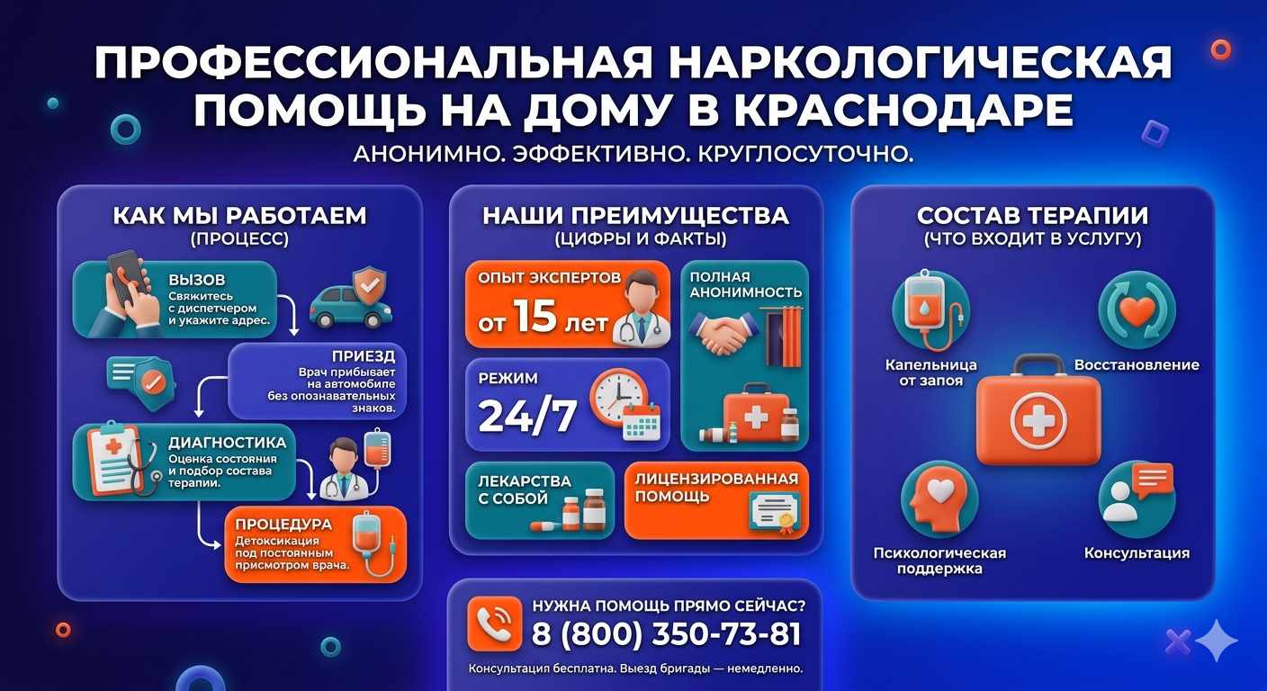 Инфографика о принципах лечения алкоголизма на дому в Зверево: этапы вызова нарколога, преимущества анонимной детоксикации и состав медицинской помощи.
